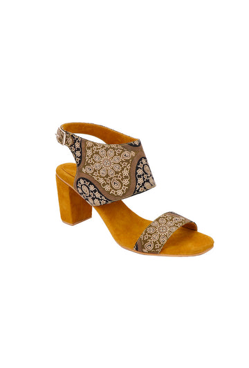Medallion Yellow Ajrakh Cotton Strappy Block Heels In Suede